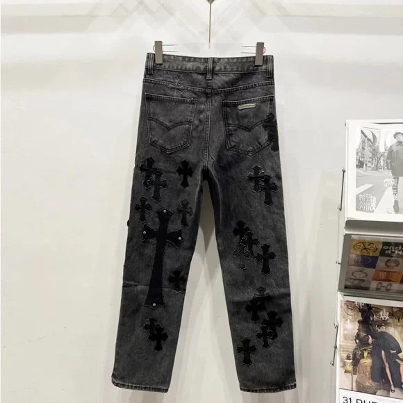 Chrome Hearts Dark Gray Jeans with Black Crosses